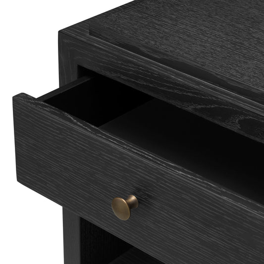 ArtDeco | Nachtkastje Zwart met Charcoal Grey Eikenfineer & Bronzen Accenten | Stijlvol Ontwerp voor Elegante Slaapkamers 0