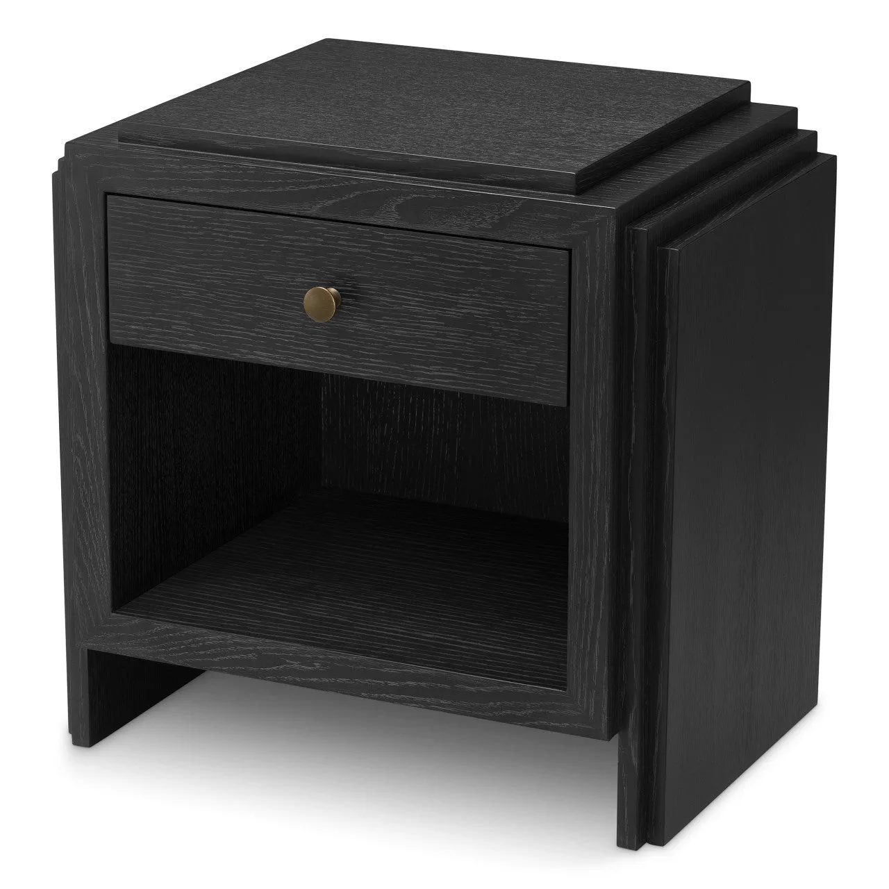 ArtDeco | Nachtkastje Zwart met Charcoal Grey Eikenfineer & Bronzen Accenten | Stijlvol Ontwerp voor Elegante Slaapkamers