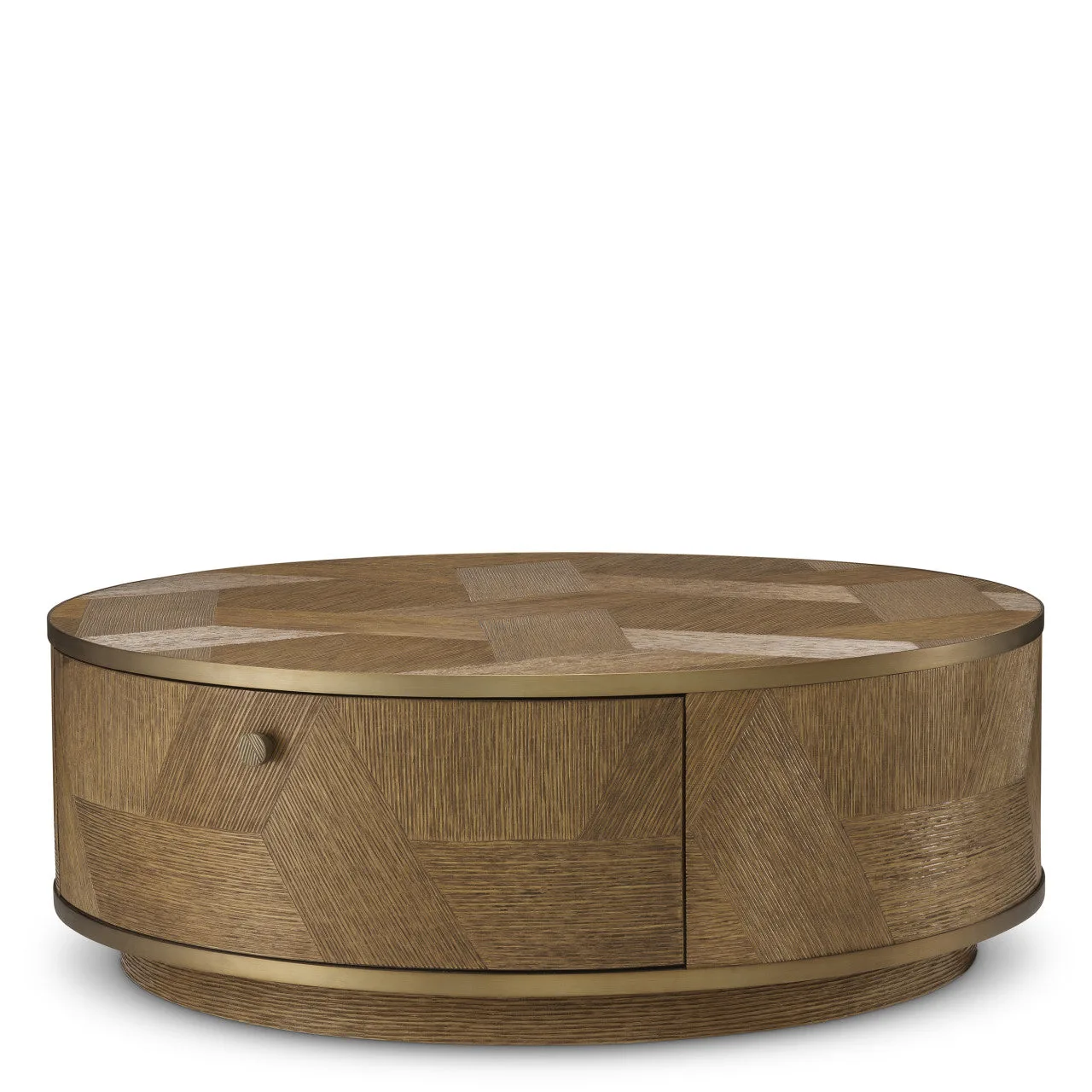 Ronde Salontafel van Eikenfineer met Messingafwerking | Elegant Design voor Luxe Interieur