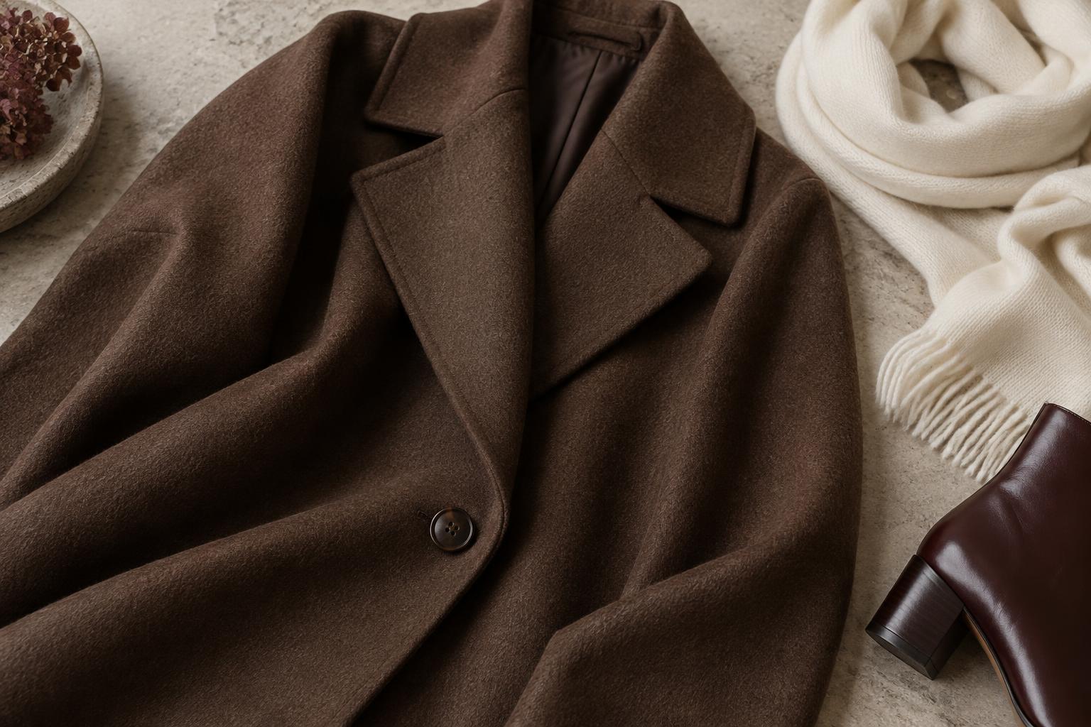 Detail van een bruine wollen mantel met revers, een lichte sjaal en een bordeaux enkellaars