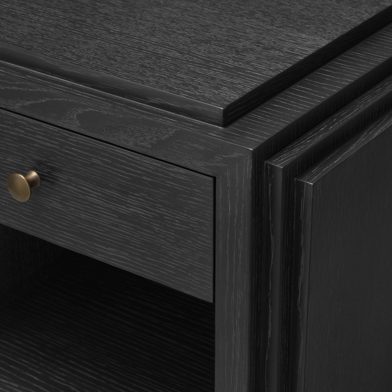 ArtDeco | Nachtkastje Zwart met Charcoal Grey Eikenfineer & Bronzen Accenten | Stijlvol Ontwerp voor Elegante Slaapkamers 7