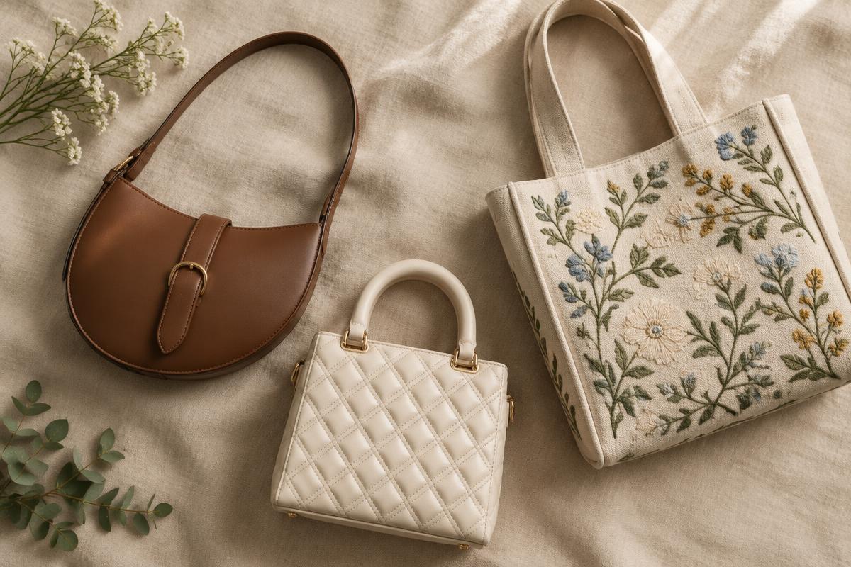 Drie luxe tassen op beige linnen
