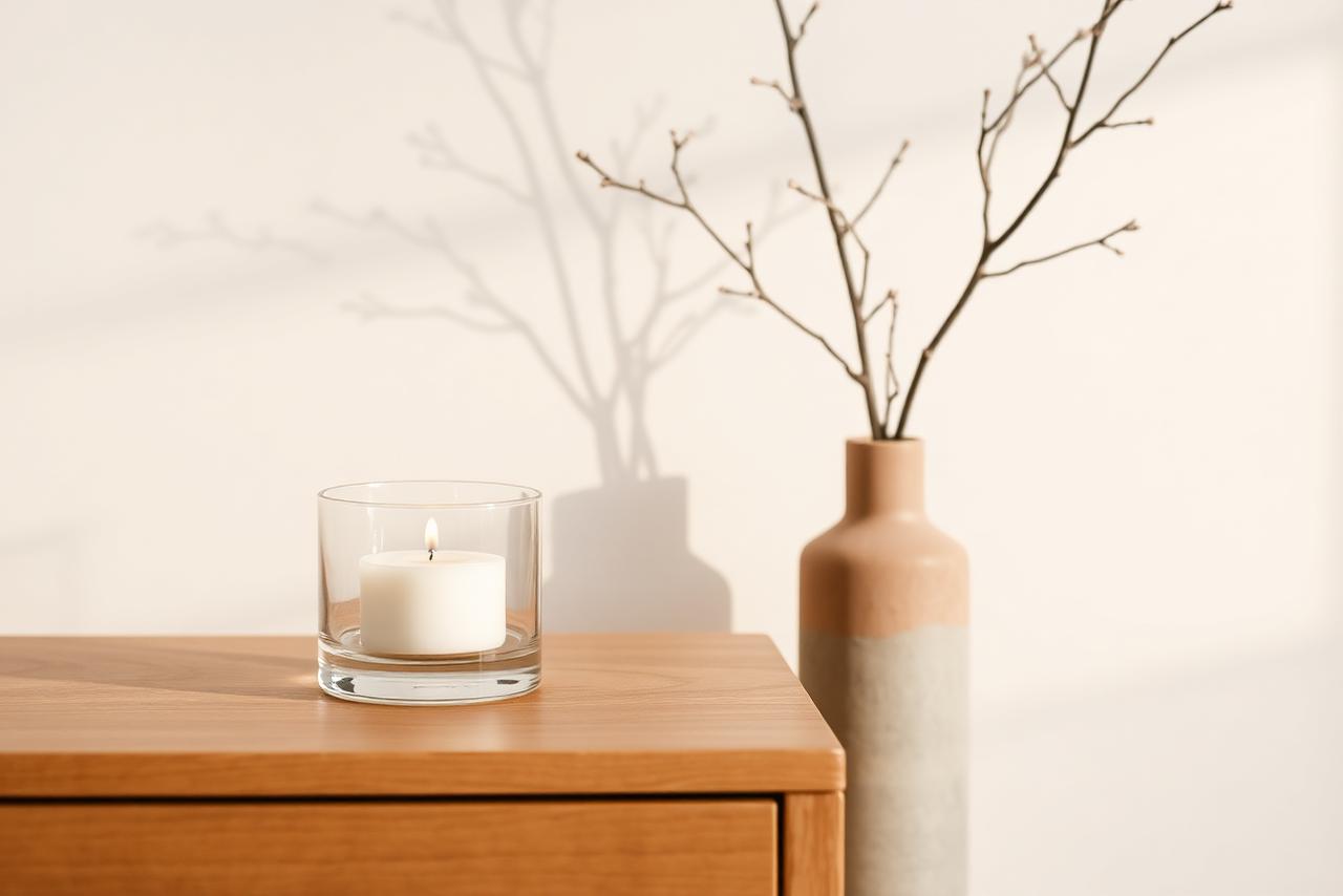 Brandende geurkaars op een houten tafel