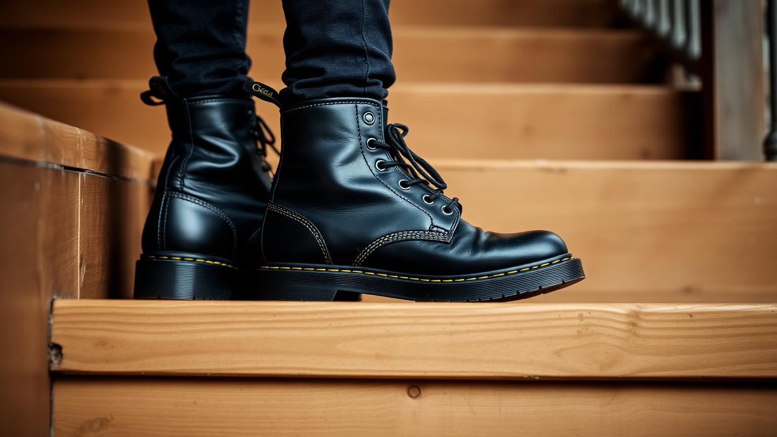 Zwarte laarzen met gele stiksels op een houten trap