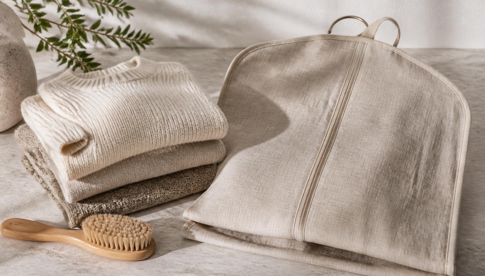 Kledingborstel, gevouwen knitwear en linnen kledinghoes op steen