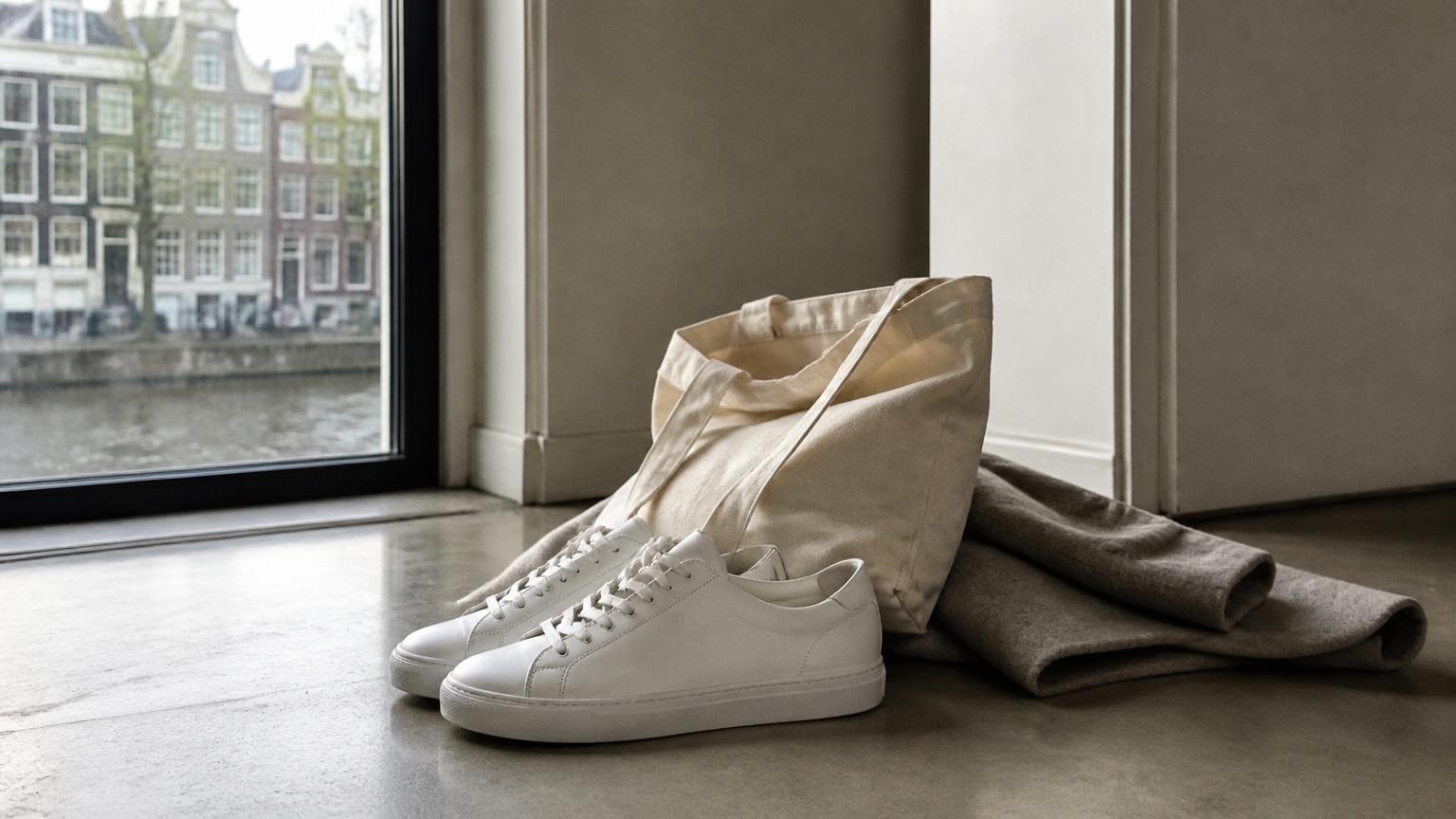 Witte leren sneakers bij een Amsterdams grachtenraam