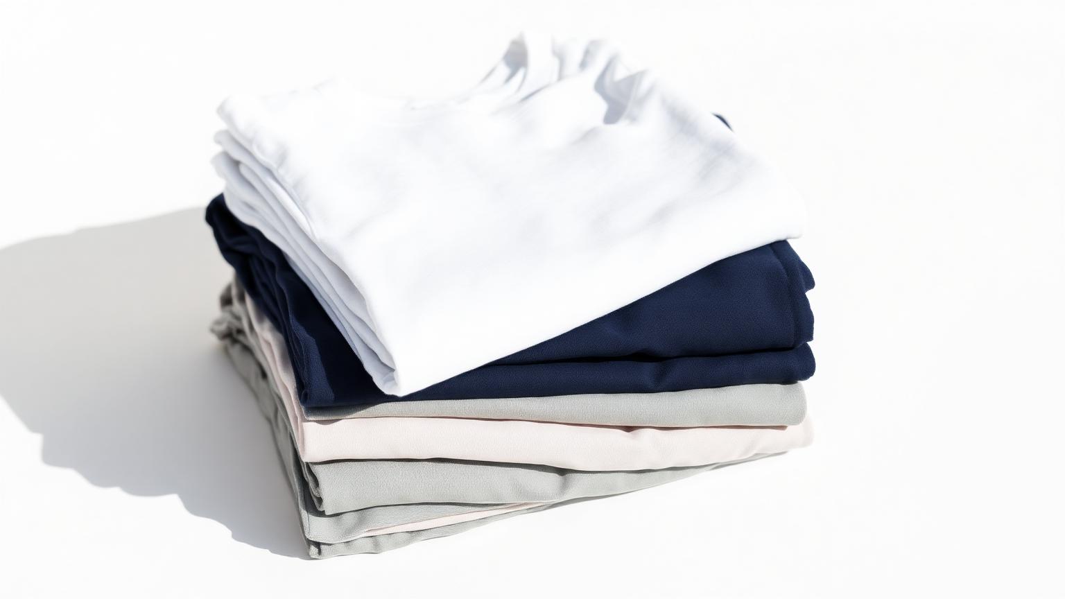Effen T-shirts netjes gestapeld op een lichte ondergrond