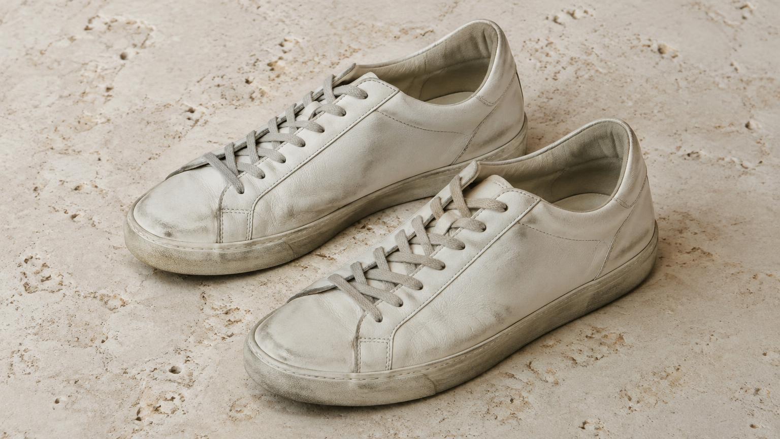 White leather sneakers with an intentionally distressed finish on light travertine in soft daylight.