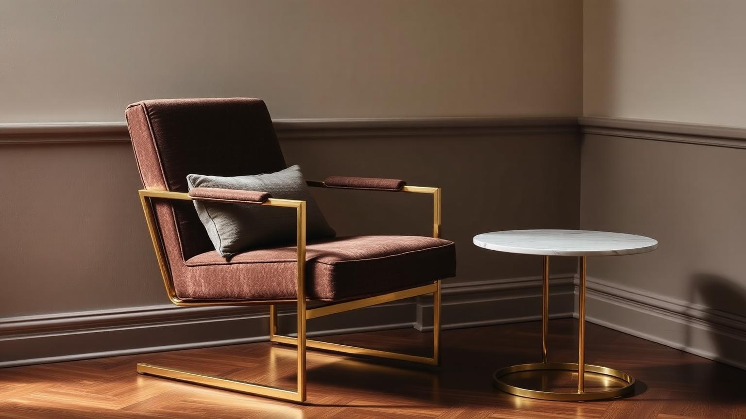 Gestoffeerde designstoel met messing details bij een marmeren tafel