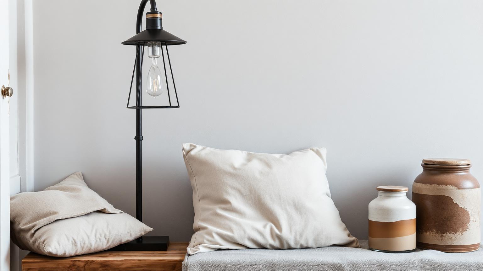Industriële hanglamp boven een ruwe houten tafel