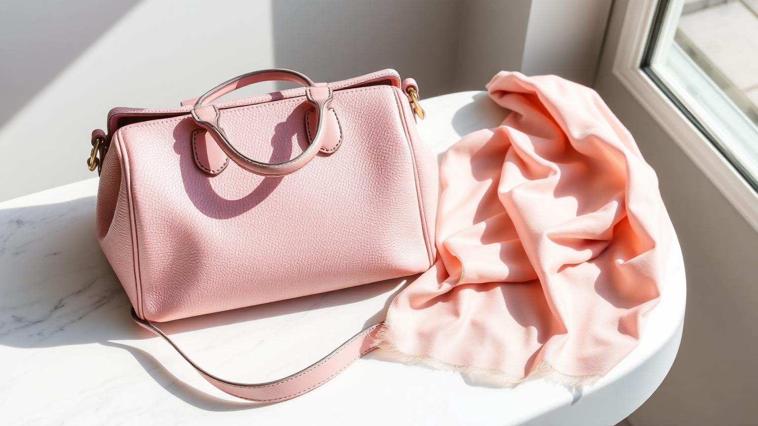 Kleurrijke handtas en sieraden op een pastelkleurige ondergrond