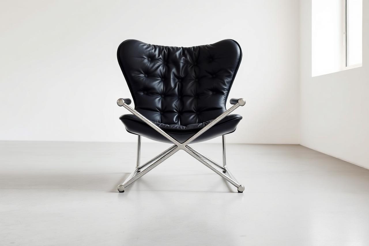 Modernistische leren loungestoel met verchroomd frame in een lichte ruimte