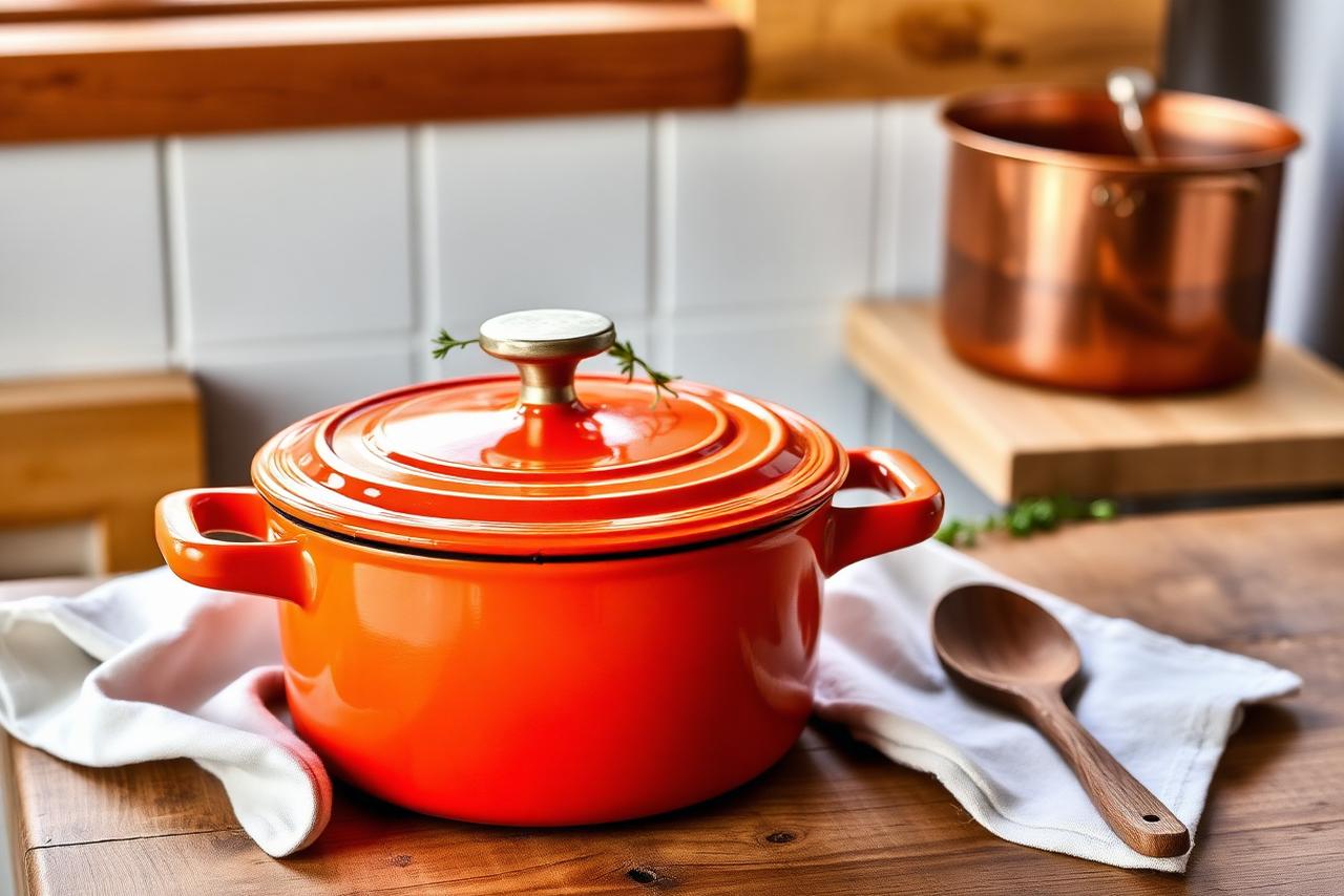 Oranje geëmailleerde gietijzeren braadpan op een houten keukenblad
