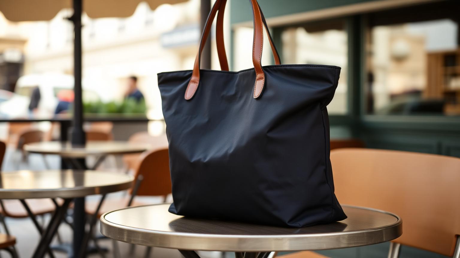 Opgevouwen nylon shopper met leren flap op een tafel