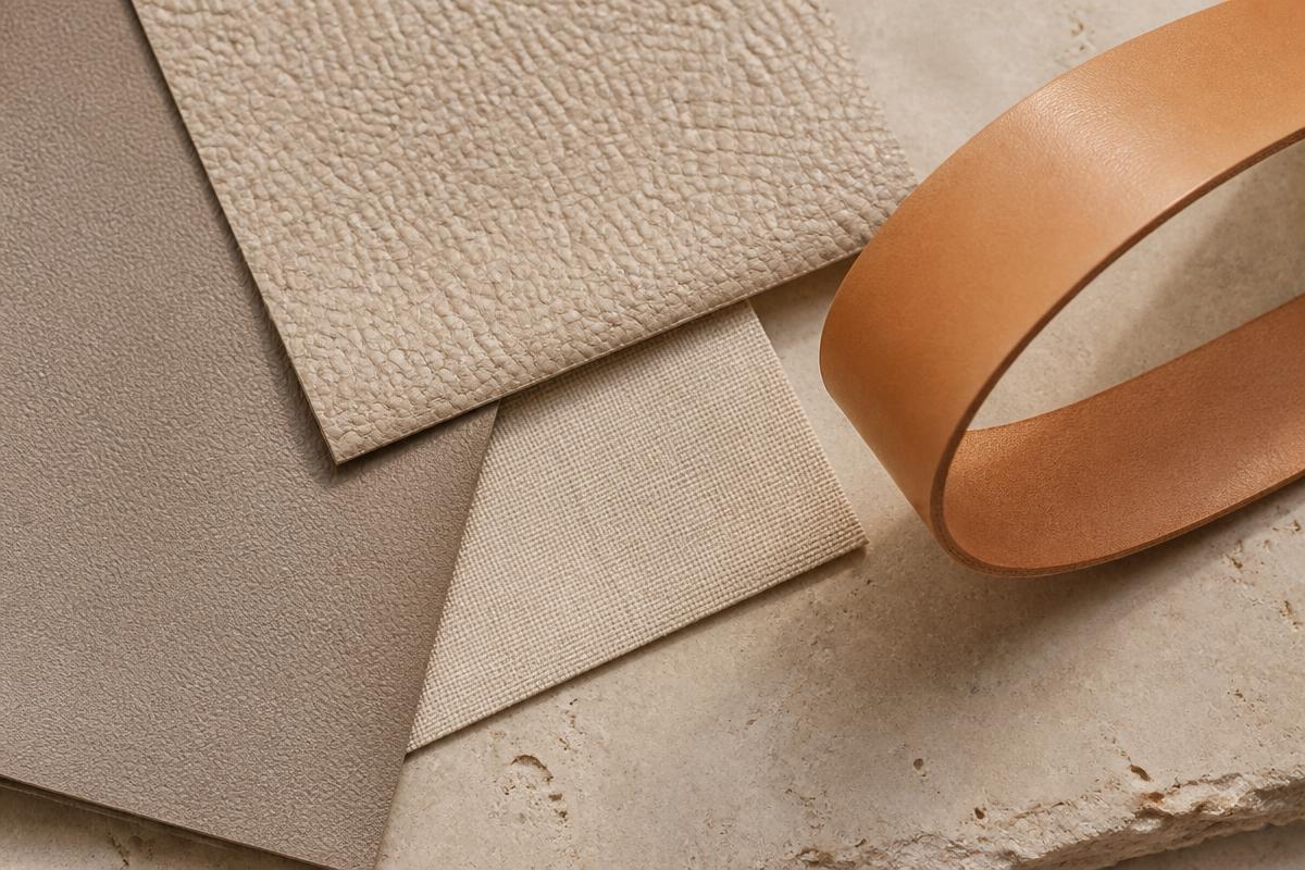 Stalen van gecoat canvas en verschillende leersoorten op een steenkleurig oppervlak