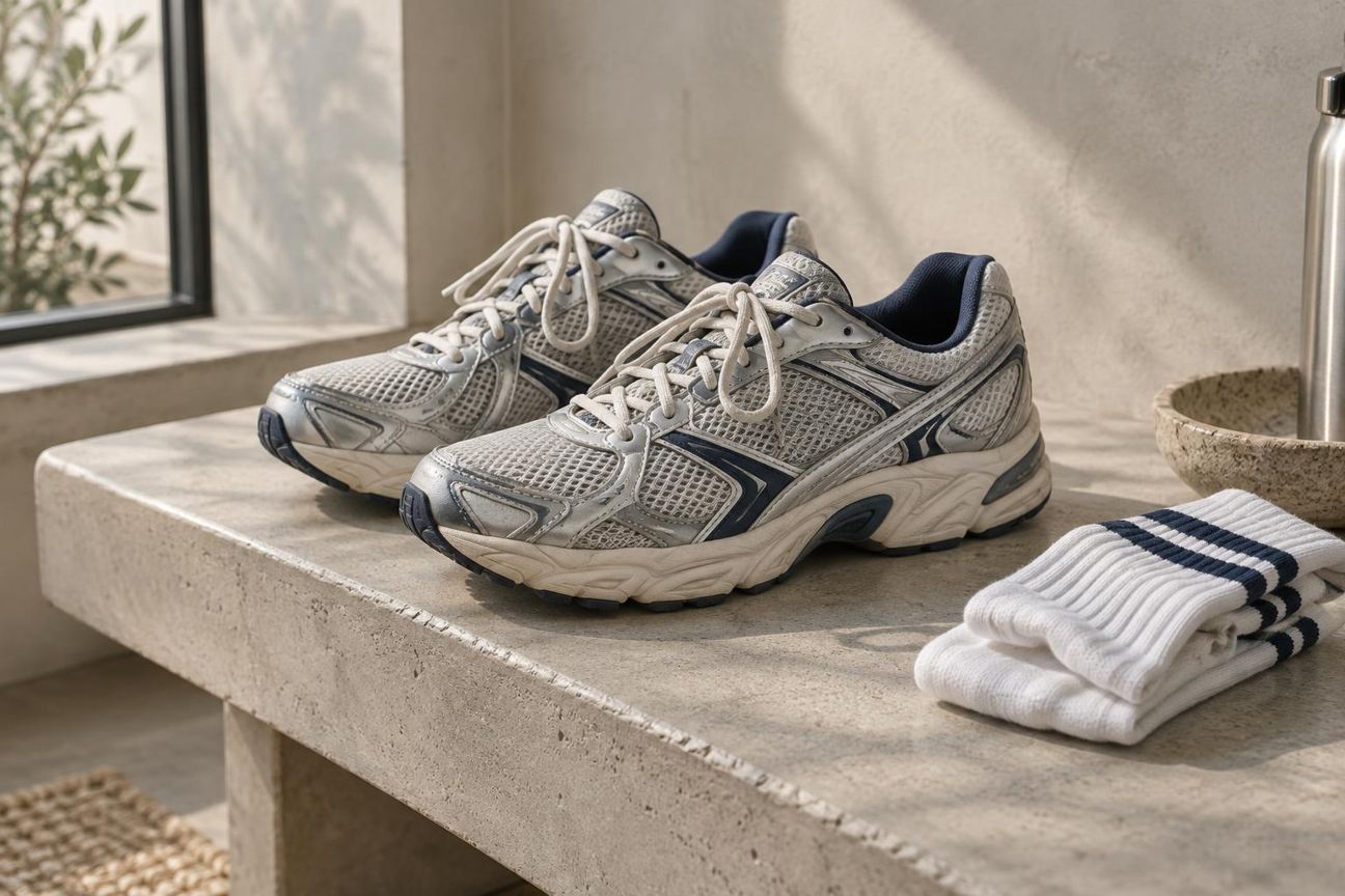 Unbranded trainers featuring light grey mesh, silver overlays, and layered soles on a concrete bench in natural light.