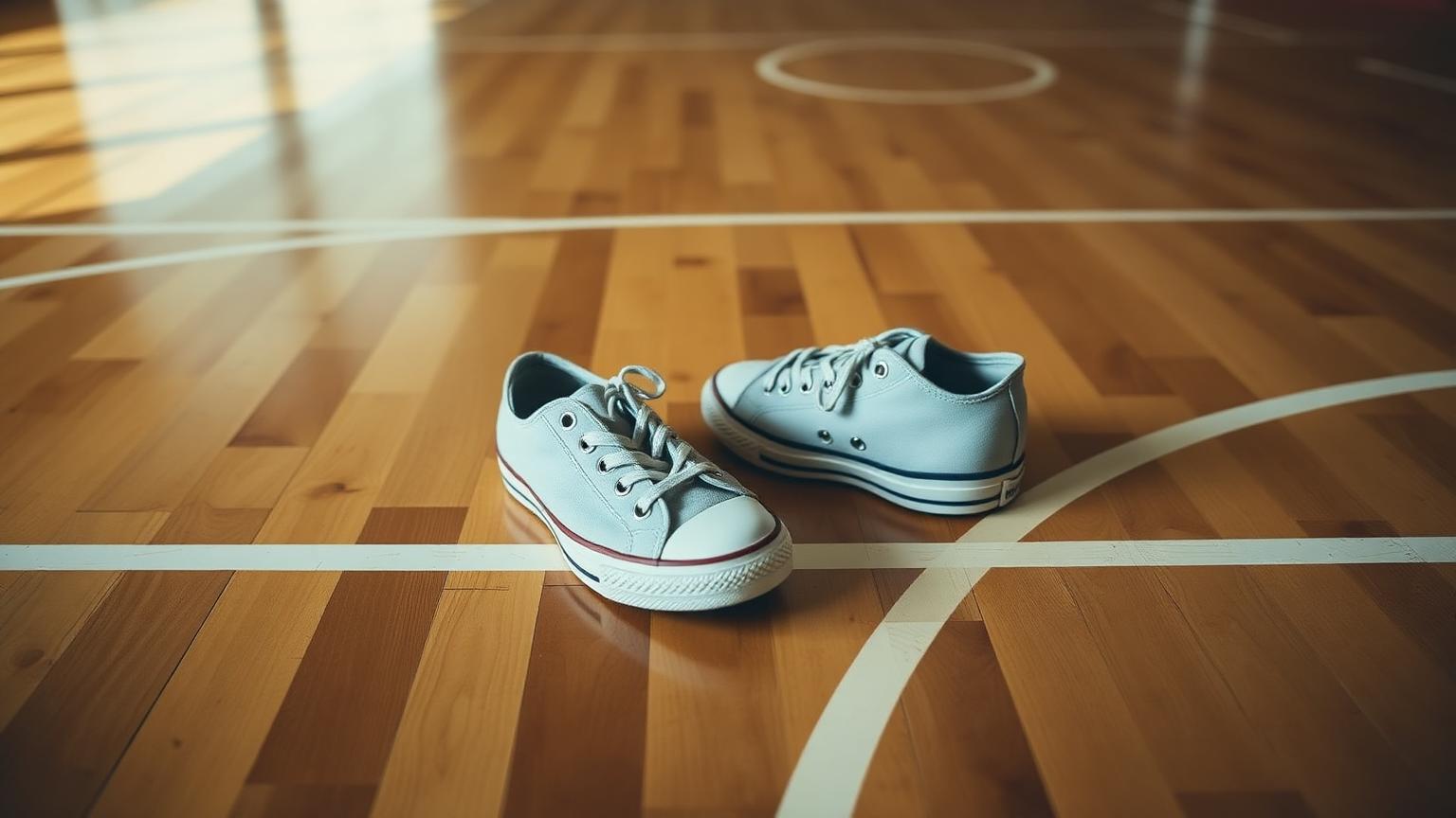Klassieke sportschoenen op een houten gymvloer