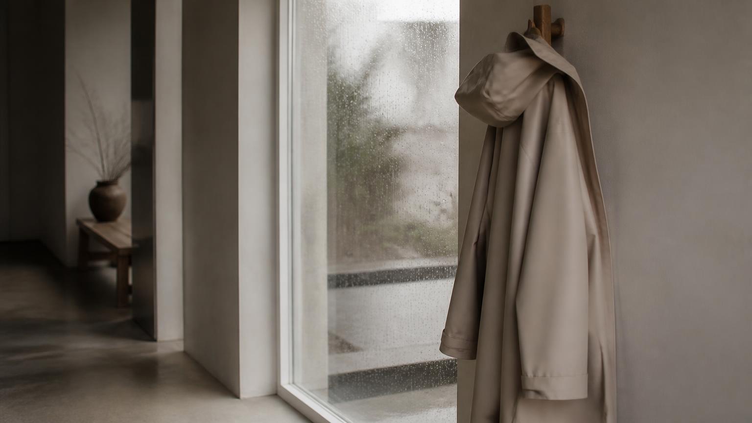 Matte regenjas aan een houten haak bij een beregend raam