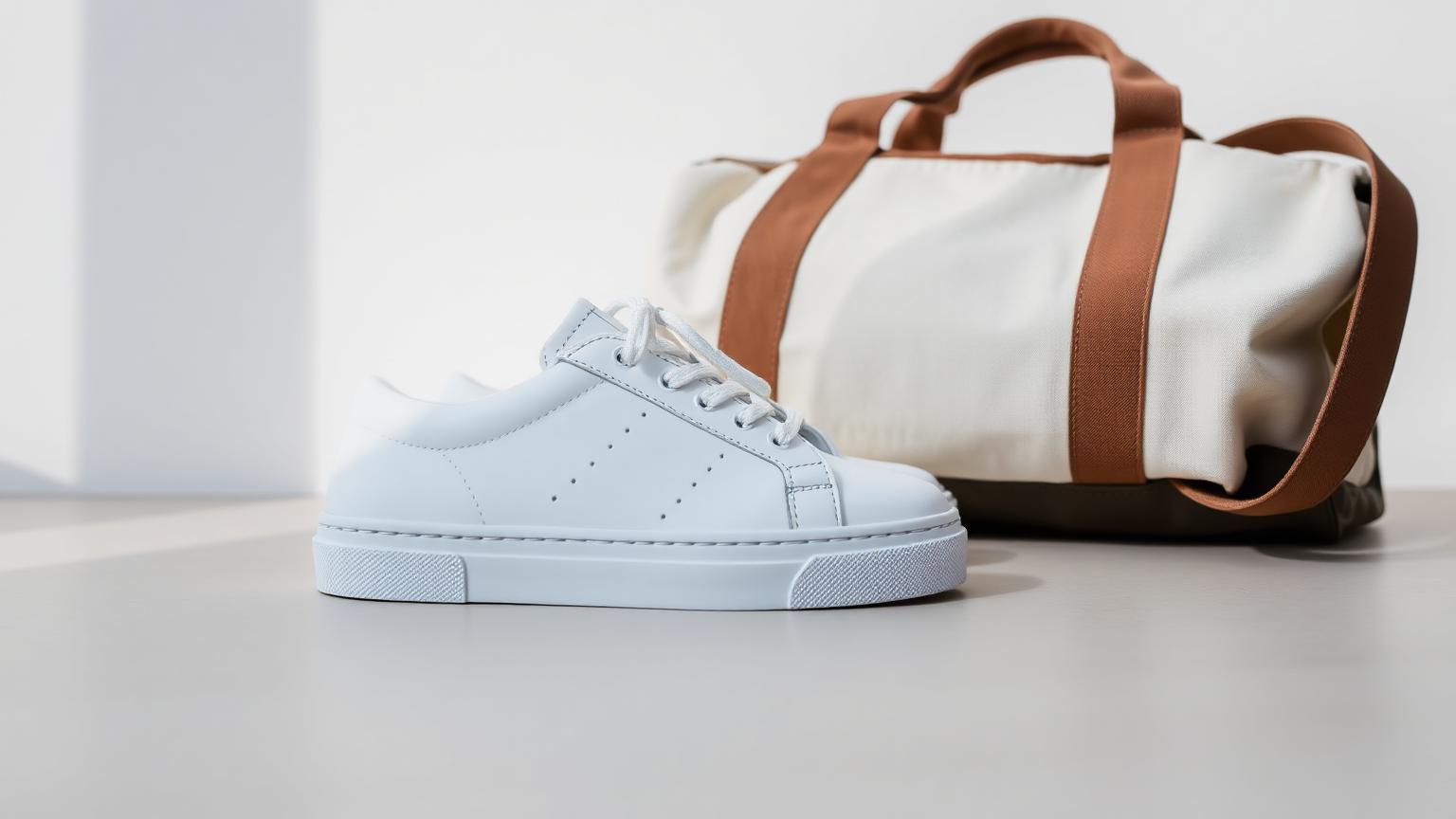 Witte leren retro sneakers bij een sporttas in daglicht