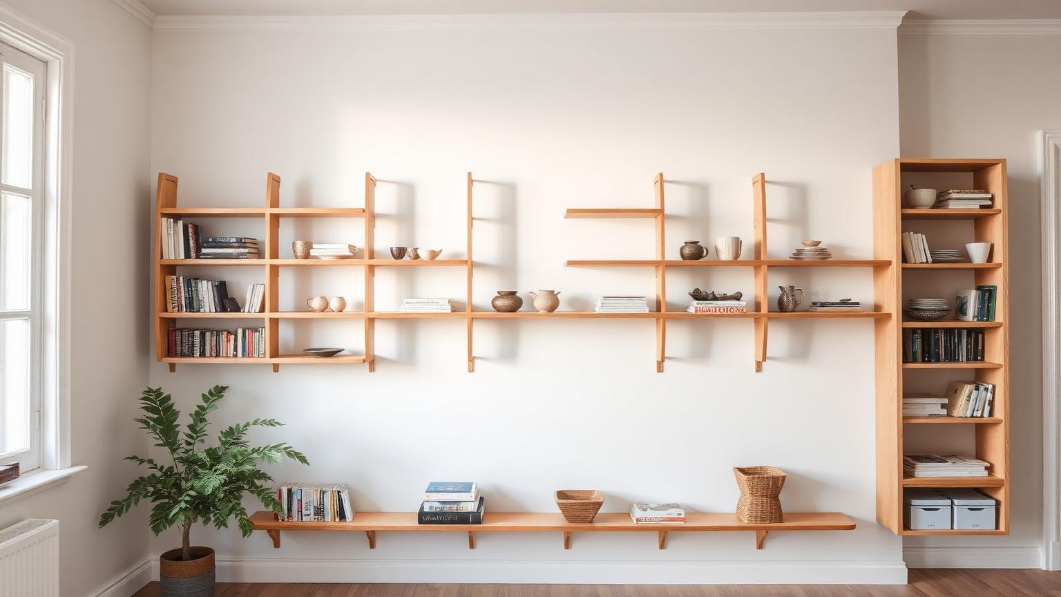 Wit wandrek met boeken en planten tegen een lichte muur