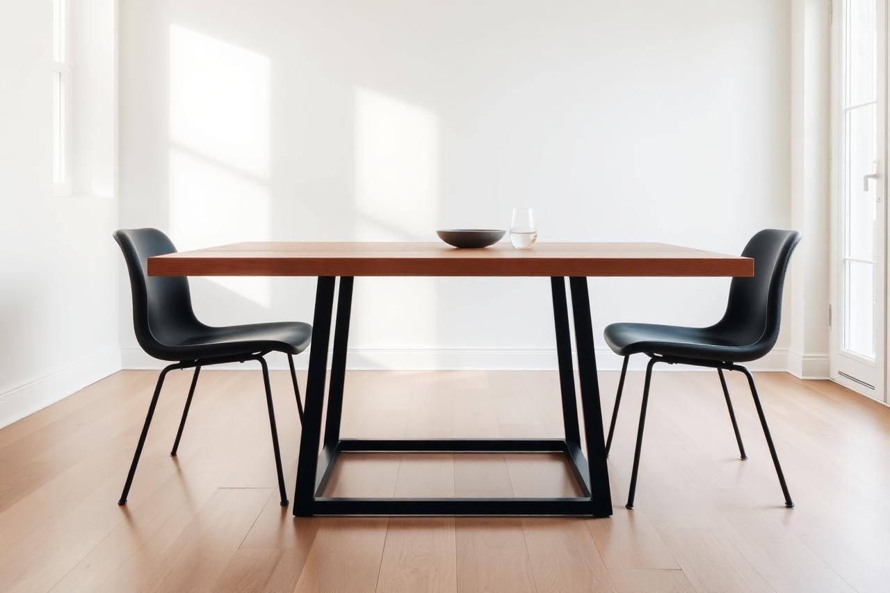 Houten eettafel in een lichte eetkamer