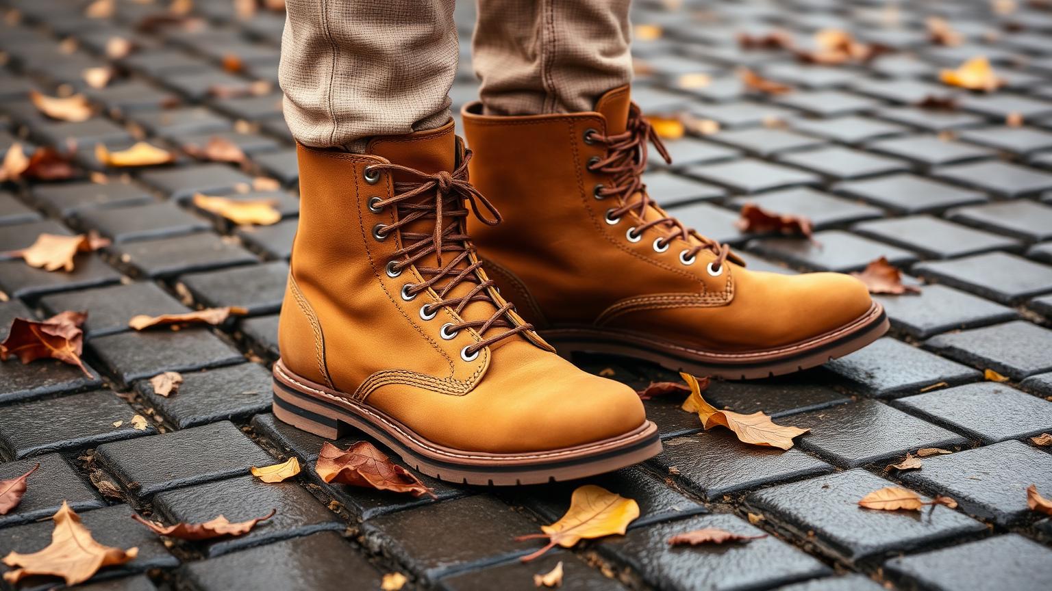 Gele nubuck laarzen op natte straatstenen in de herfst