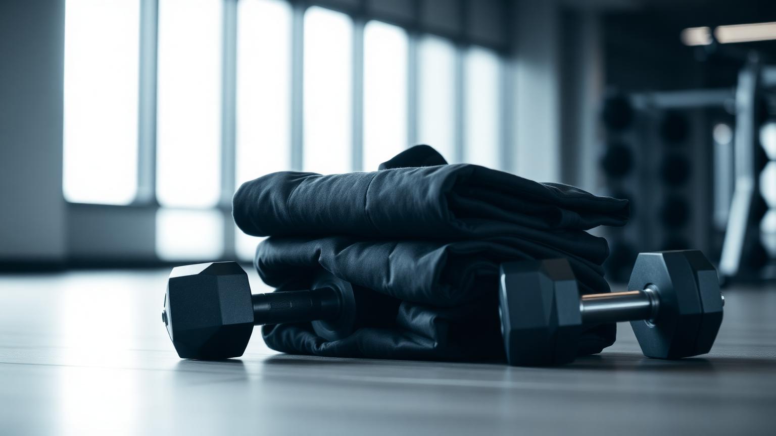 Technische sportkleding en een halter in een sportschool