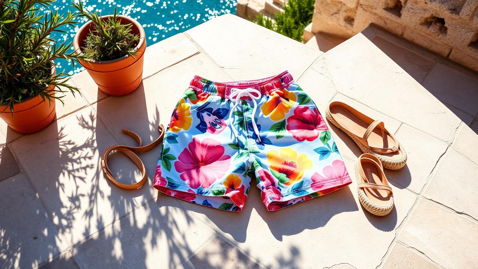 Kleurrijke zwemshorts bij een zwembad in mediterraan licht